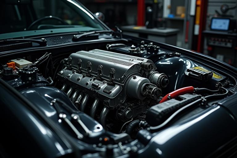 伝統的な工具とモダンな診断機器が並ぶ、クリーンで整理された車のチューニングワークショップ